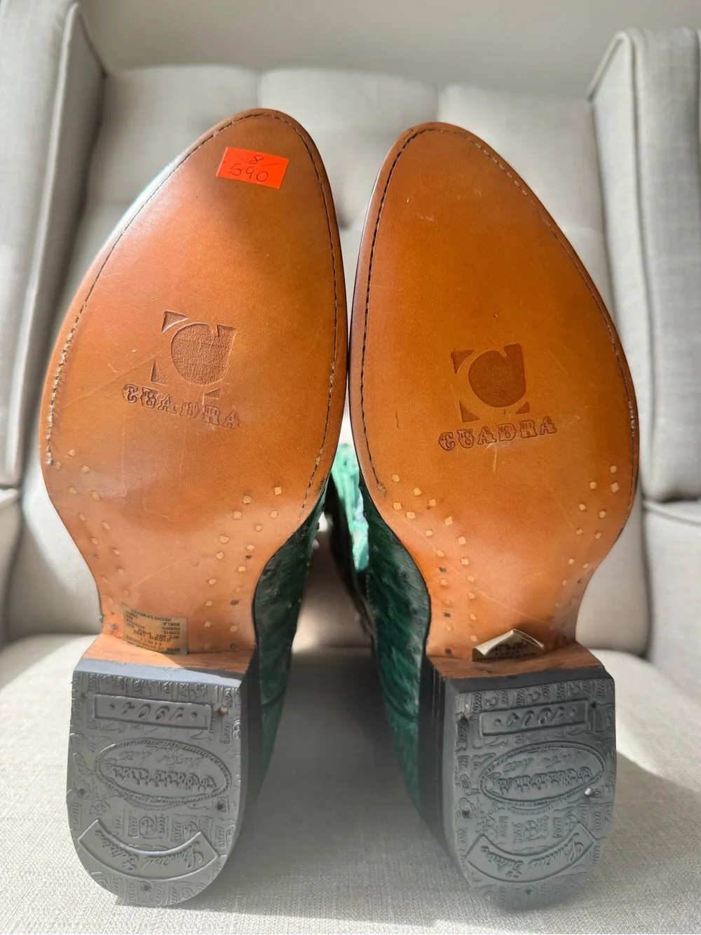 Cuadra Men’s Green Full Quill Ostrich Western Cowboy Boots Size 8 Leather Sole
